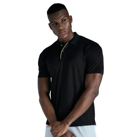 Mens Black Polo Shirt with Yellow Accent Stylish Activewear Comfortable Cotton Fabric for Gym Sports and Casual Wear