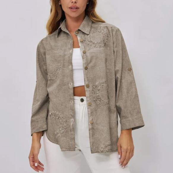 2025 New Arrival Hot Sale Women's Khaki Gray Washed Linen Cotton Shirt 3D Embroidery Long Sleeve Vintage Casual Daily Blouse