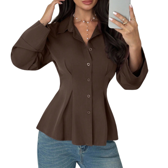 Spring Summer New Slim Fit Ageing Female Long Sleeve Woven Shirt Casual Style Woven Button Decoration Breathable Simple