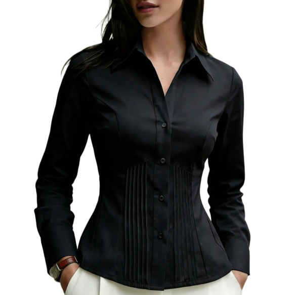 Women's Elegant Black Satin Corset Blouse Long Sleeve Button Down Shirt with Front Pleated Detailing for Office & Business