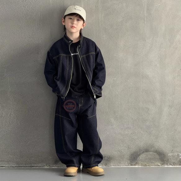 Heavy Duty Denim Children's Outfit Set Stand Collar Zip Jacket & Baggy Jeans with Contrast Stitching Casual Wear Kids Clothing